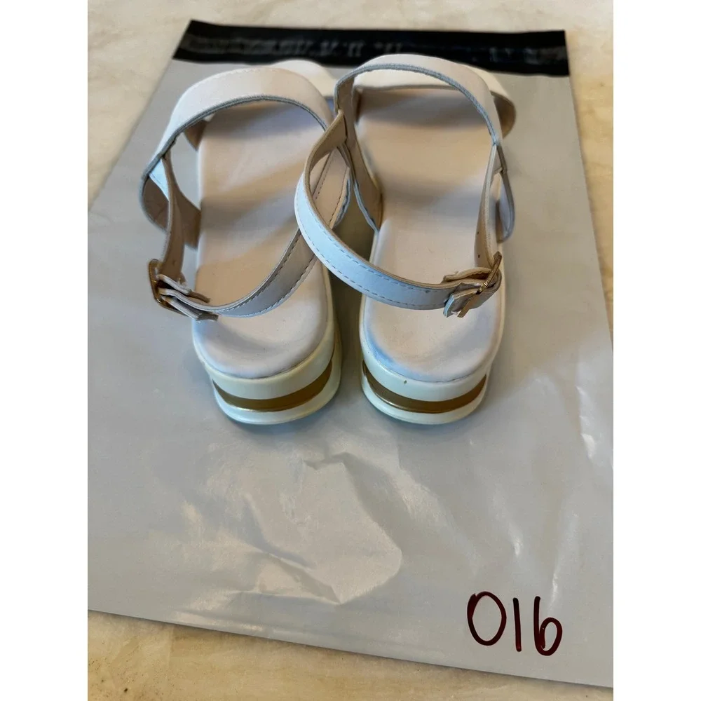 White Platform Slingback Sandals Gold Accent Double Strap Size 39